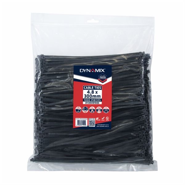 Picture of 4.8 x 300mm UV Black Cable Ties Pack of 1000 230N/23.4kgs Tensile Strength