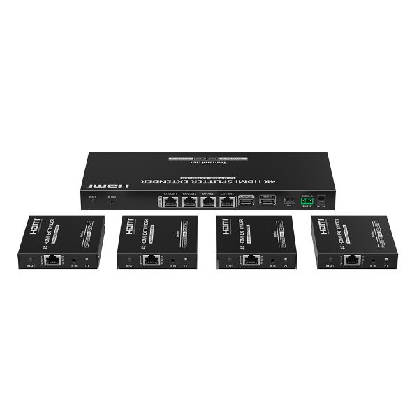 Picture of 1-In-4-Out 4K@60Hz HDMI Extender. 1x HDMI 4x RJ45 out PoC. Compatible CAT6 & above