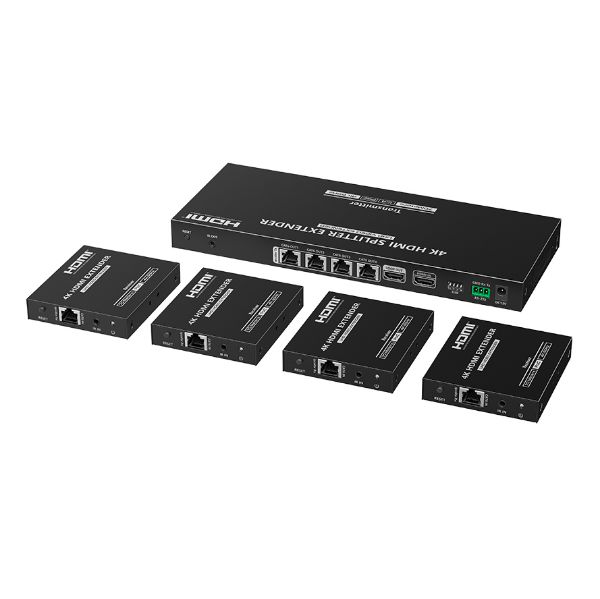Picture of 1-In-4-Out 4K@60Hz HDMI Extender. 1x HDMI 4x RJ45 out PoC. Compatible CAT6 & above