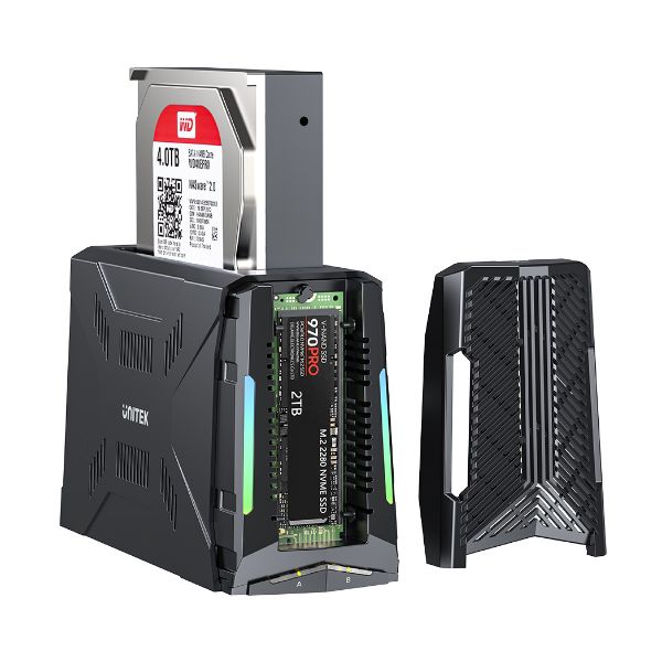 Picture of USB-C Enclosure Docking Station. Supports Read/writing of 2.5”/3.5” SATA Drives.