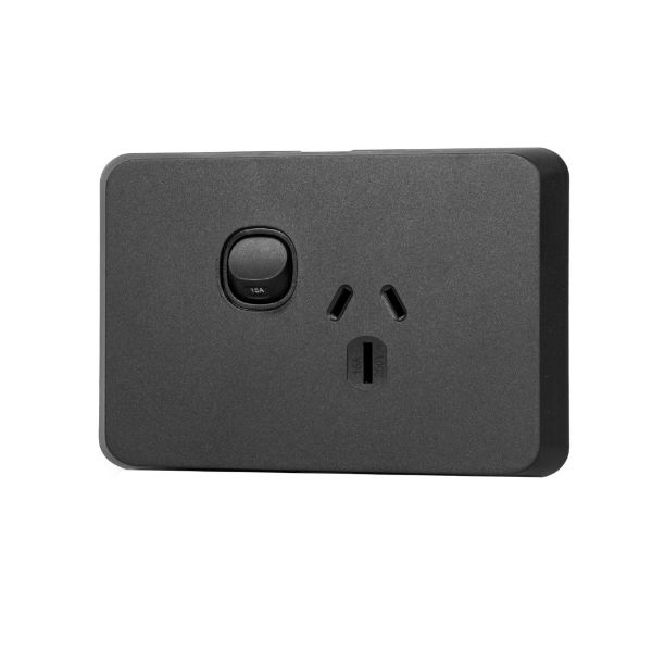 Picture of Sleek Single 15A Horizontal Power Point. Removable Cover. Flame Resistant. Matt Black