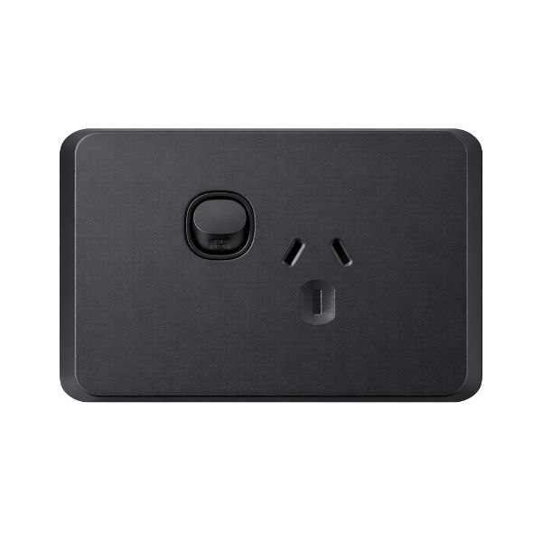 Picture of Sleek Single 10A Horizontal Power Point. Removable Cover. Flame Resistant. Matt Black