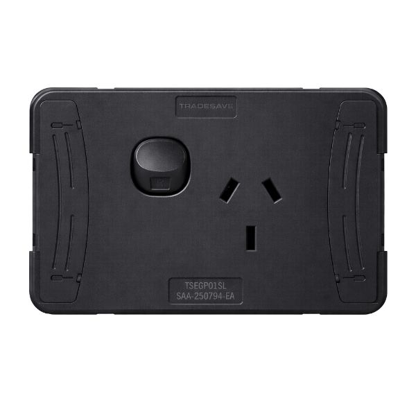 Picture of Sleek Single 10A Horizontal Power Point. Removable Cover. Flame Resistant. Matt Black