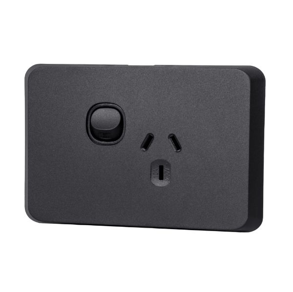 Picture of Sleek Single 10A Horizontal Power Point. Removable Cover. Flame Resistant. Matt Black