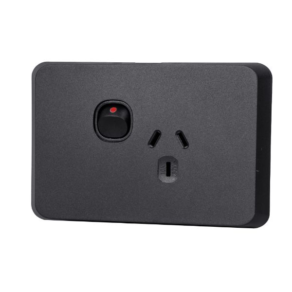 Picture of Sleek Single 10A Horizontal Power Point. Removable Cover. Flame Resistant. Matt Black