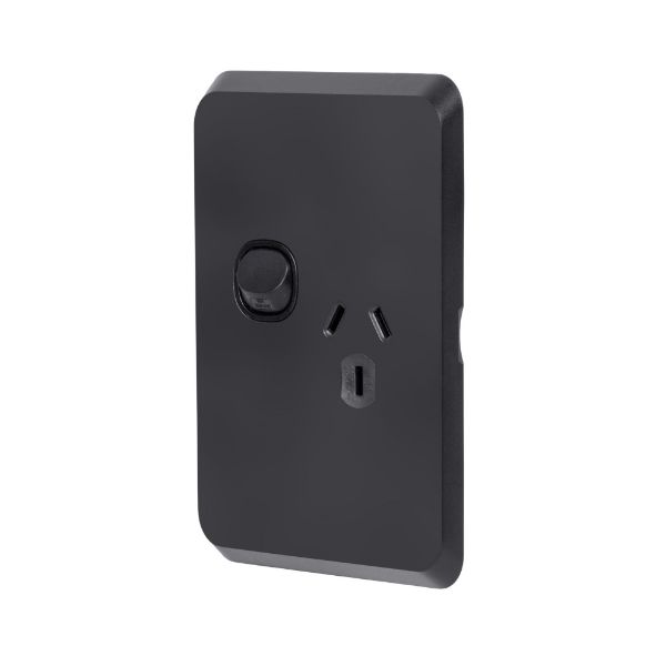 Picture of Sleek Single 10A Vertical Power Point. Removable Cover. Flame Resistant. Matt Black