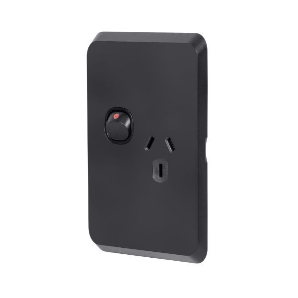 Picture of Sleek Single 10A Vertical Power Point. Removable Cover. Flame Resistant. Matt Black