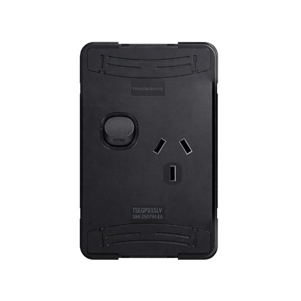 Picture of Sleek Single 10A Vertical Power Point. Removable Cover. Flame Resistant. Matt Black