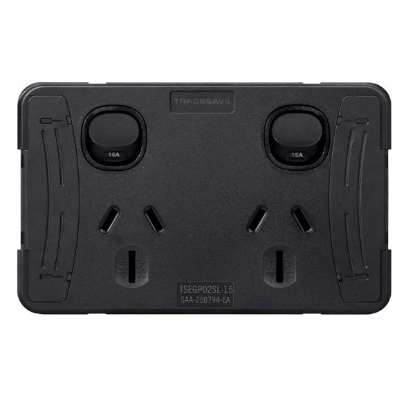 Picture of Sleek Double 15A Horizontal Power Point. Removable Cover. Flame Resistant. Matt Black