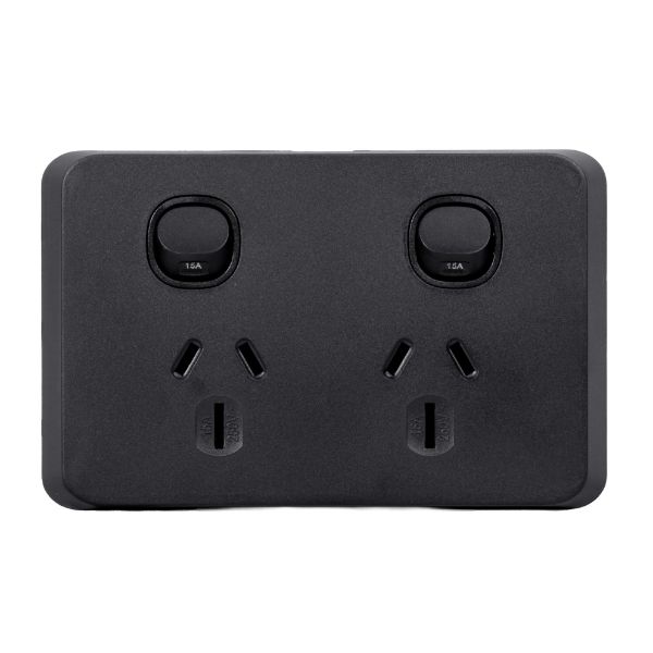 Picture of Sleek Double 15A Horizontal Power Point. Removable Cover. Flame Resistant. Matt Black