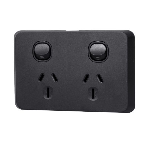 Picture of Sleek Double 15A Horizontal Power Point. Removable Cover. Flame Resistant. Matt Black