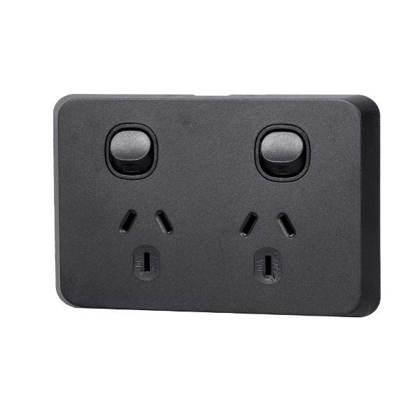 Picture of Sleek Double 10A Horizontal Power Point. Removable Cover. Flame Resistant. Matt Black