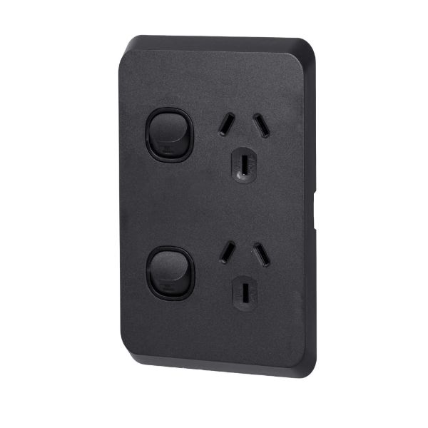Picture of Sleek Double 10A Vertical Power Point. Removable Cover. Flame Resistant. Matt Black