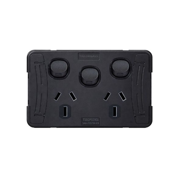 Picture of Sleek Double 10A Power Point with Extra 16A Switch. Removable Cover. Matt Black