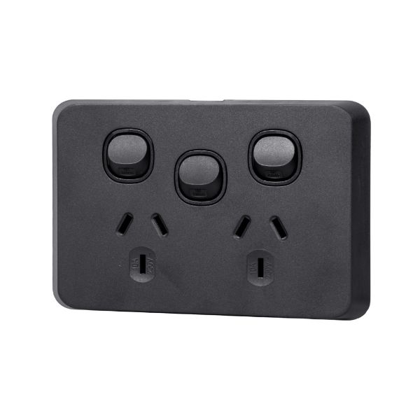 Picture of Sleek Double 10A Power Point with Extra 16A Switch. Removable Cover. Matt Black