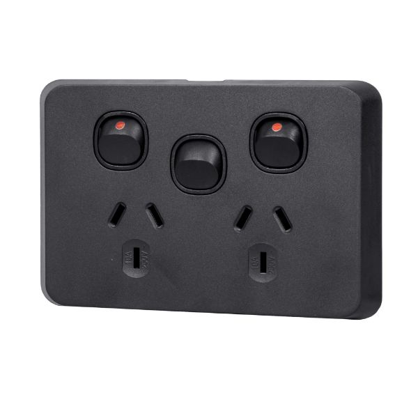 Picture of Sleek Double 10A Power Point with Extra 16A Switch. Removable Cover. Matt Black