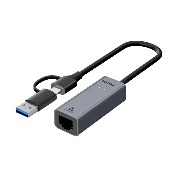 Picture of USB to Gig Ethernet Adapter w/ 2-in-1 Connectors (USB-C & USB-A). Supports up to 5Gbps