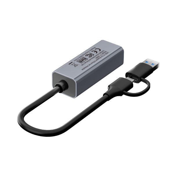 Picture of USB to Gig Ethernet Adapter w/ 2-in-1 Connectors (USB-C & USB-A). Supports up to 5Gbps