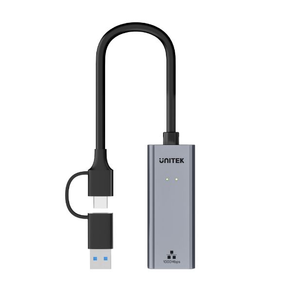 Picture of USB to Gig Ethernet Adapter w/ 2-in-1 Connectors (USB-C & USB-A). Supports up to 1Gbps