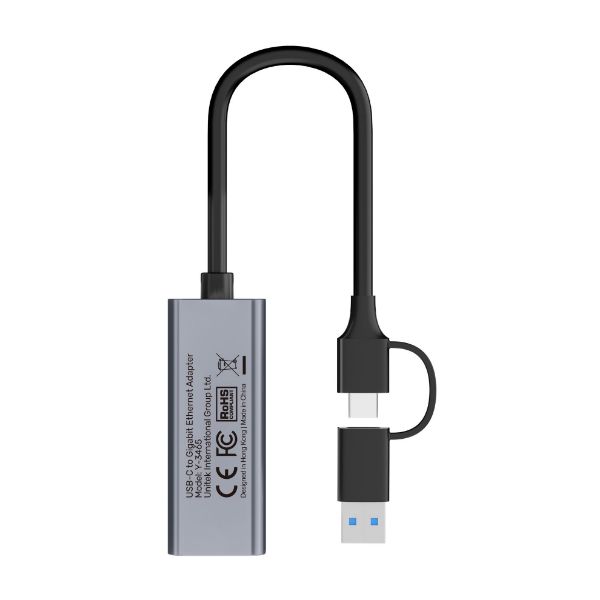 Picture of USB to Gig Ethernet Adapter w/ 2-in-1 Connectors (USB-C & USB-A). Supports up to 5Gbps