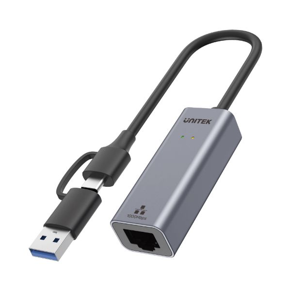 Picture of USB to Gig Ethernet Adapter w/ 2-in-1 Connectors (USB-C & USB-A). Supports up to 5Gbps