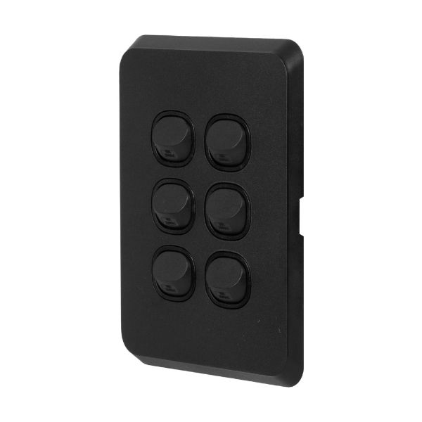 Picture of Sleek 16A 2-Way Vertical 6 Gang Switch. Flame Resistant. Matt Black