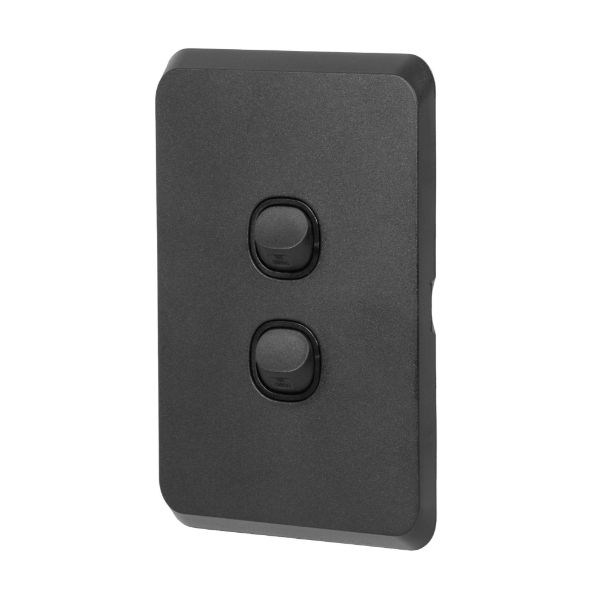 Picture of Sleek 16A 2-Way Vertical 2 Gang Switch. Flame Resistant. Matt Black