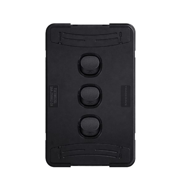 Picture of Sleek 16A 2-Way Vertical 3 Gang Switch. Flame Resistant. Matt Black