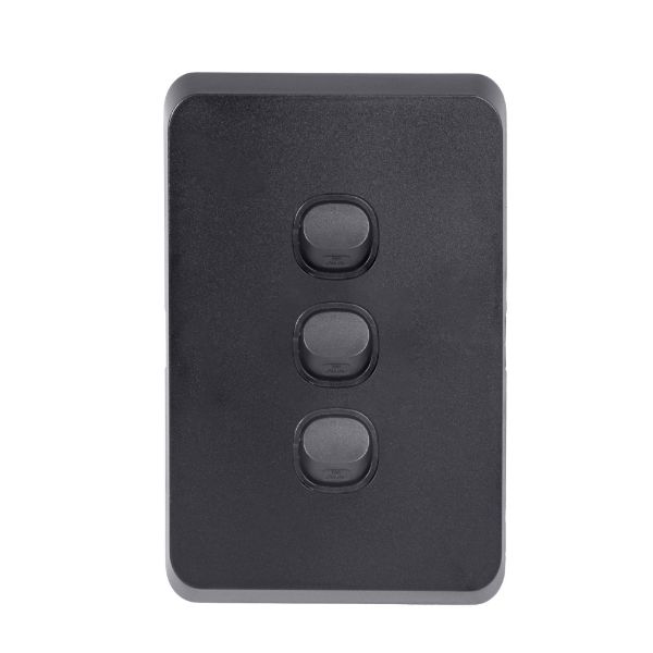 Picture of Sleek 16A 2-Way Vertical 3 Gang Switch. Flame Resistant. Matt Black