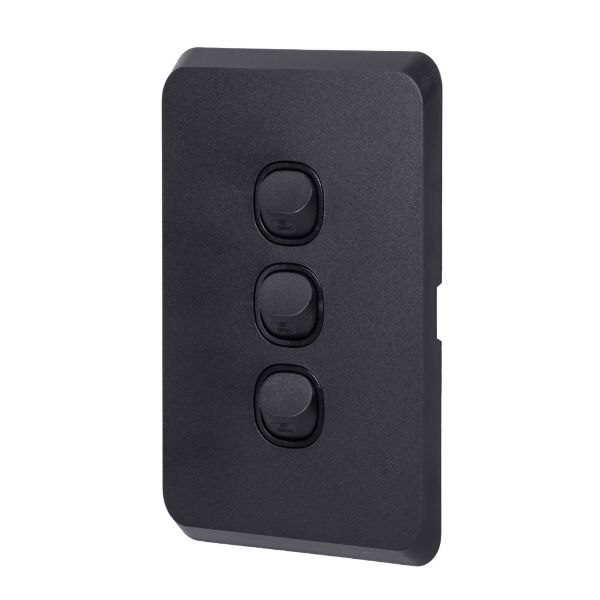 Picture of Sleek 16A 2-Way Vertical 3 Gang Switch. Flame Resistant. Matt Black