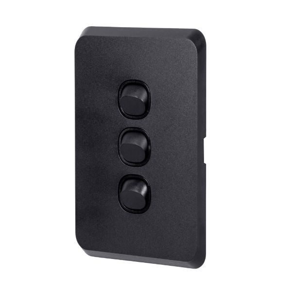 Picture of Sleek 16A 2-Way Vertical 3 Gang Switch. Flame Resistant. Matt Black