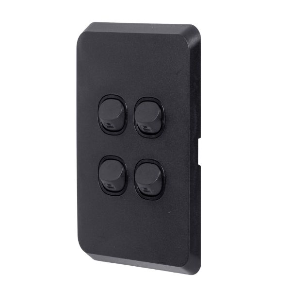 Picture of Sleek 16A 2-Way Vertical 4 Gang Switch. Flame Resistant. Matt Black