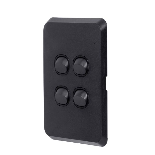 Picture of Sleek 16A 2-Way Vertical 4 Gang Switch. Flame Resistant. Matt Black