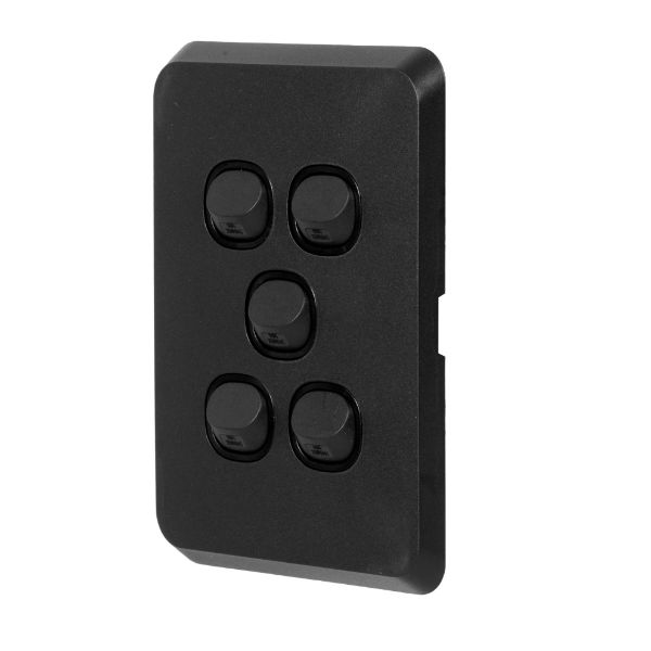 Picture of Sleek 16A 2-Way Vertical 5 Gang Switch. Flame Resistant. Matt Black
