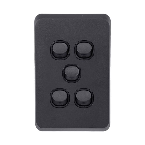 Picture of Sleek 16A 2-Way Vertical 5 Gang Switch. Flame Resistant. Matt Black
