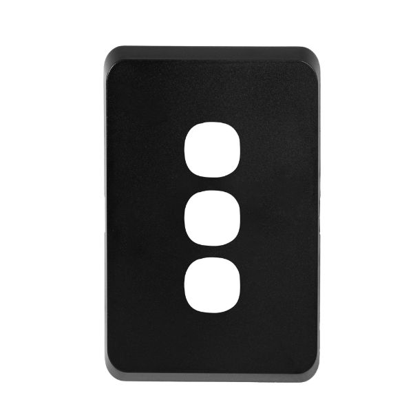 Picture of Sleek 3 Gang Switch Plate ONLY Accepts all Tradesave Mechs Flame Resistant. Matt Black