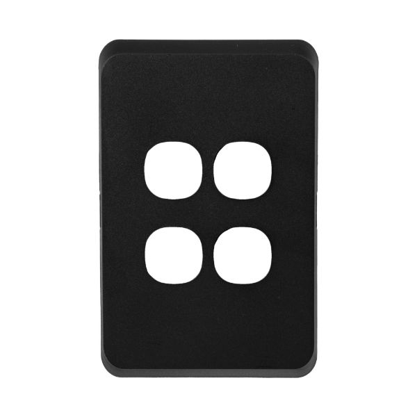 Picture of Sleek 4 Gang Switch Plate ONLY Accepts all Tradesave Mechs Flame Resistant. Matt Black