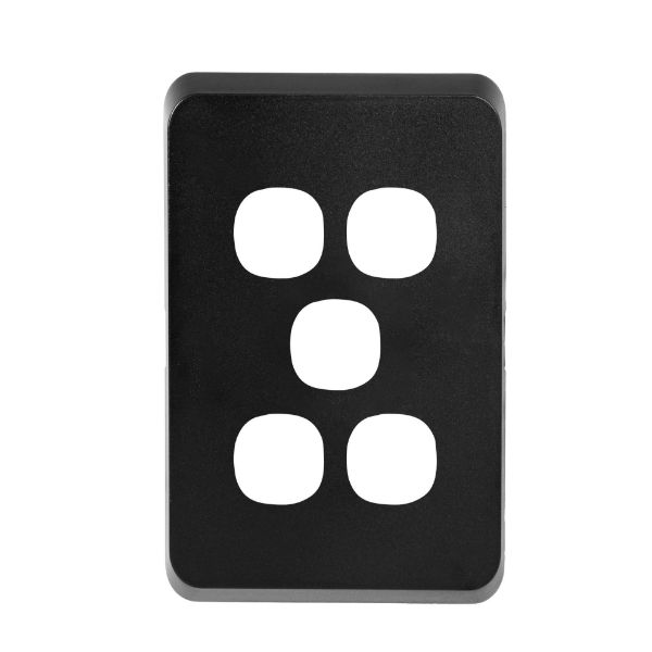 Picture of Sleek 5 Gang Switch Plate ONLY Accepts all Tradesave Mechs Flame Resistant. Matt Black