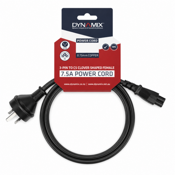 Picture of 1M 3-Pin to C5 Clover Shaped Female Connector 7.5A. SAA approved Cord. 0.75mm