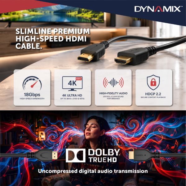 Picture of 0.5m HDMI 18Gbps Slimline Prem High-Speed Cable w/ Ethernet. Max Res: 4K2K@24/60Hz