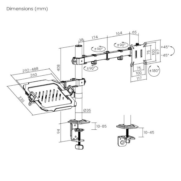 Picture of 13"-32" Dual Arm Monitor & PC Tray Bracket. Desk Clamp & Grommet