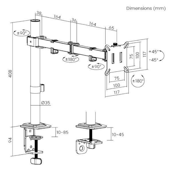 Picture of 13"-32" Single Monitor Desk Articulating Mount Bracket Desk Clamp & Grommet Incl