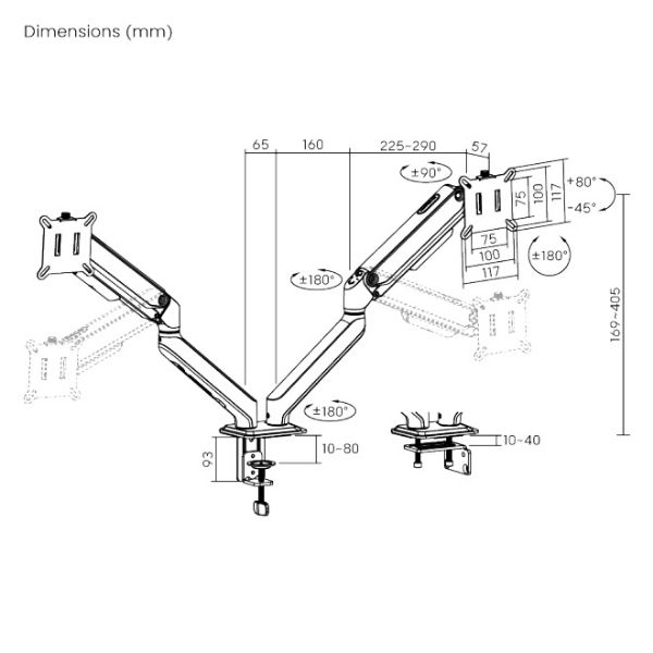 Picture of 13"-32" Dual Monitor Desk Mechanical Spring Mount Bracket. Desk Clamp & Grommet