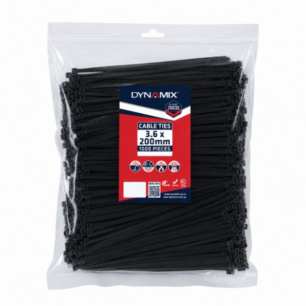 Picture of 3.6 x 200mm UV Black Cable Ties Pack of 1000 180N/18.3kgs Tensile Strength