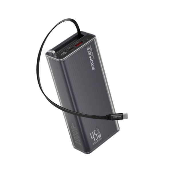 Picture of 20000mAh 45W PD Power Bank with Retractable USB-C Cable & LED Display. Black Clear-case.