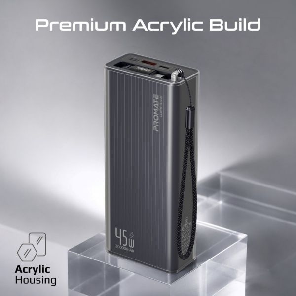 Picture of 20000mAh 45W PD Power Bank with Retractable USB-C Cable & LED Display. Black Clear-case.