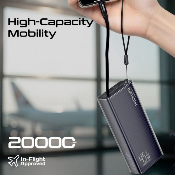 Picture of 20000mAh 45W PD Power Bank with Retractable USB-C Cable & LED Display. Black Clear-case.