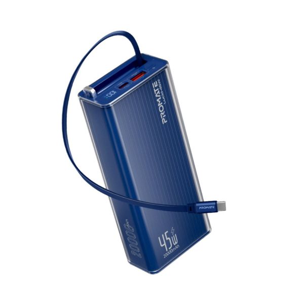 Picture of 20000mAh 45W PD Power Bank with Retractable USB-C Cable & LED Display. Blue Clear-case.