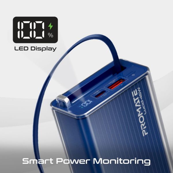 Picture of 20000mAh 45W PD Power Bank with Retractable USB-C Cable & LED Display. Blue Clear-case.