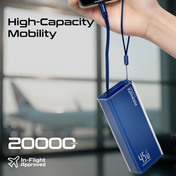 Picture of 20000mAh 45W PD Power Bank with Retractable USB-C Cable & LED Display. Blue Clear-case.